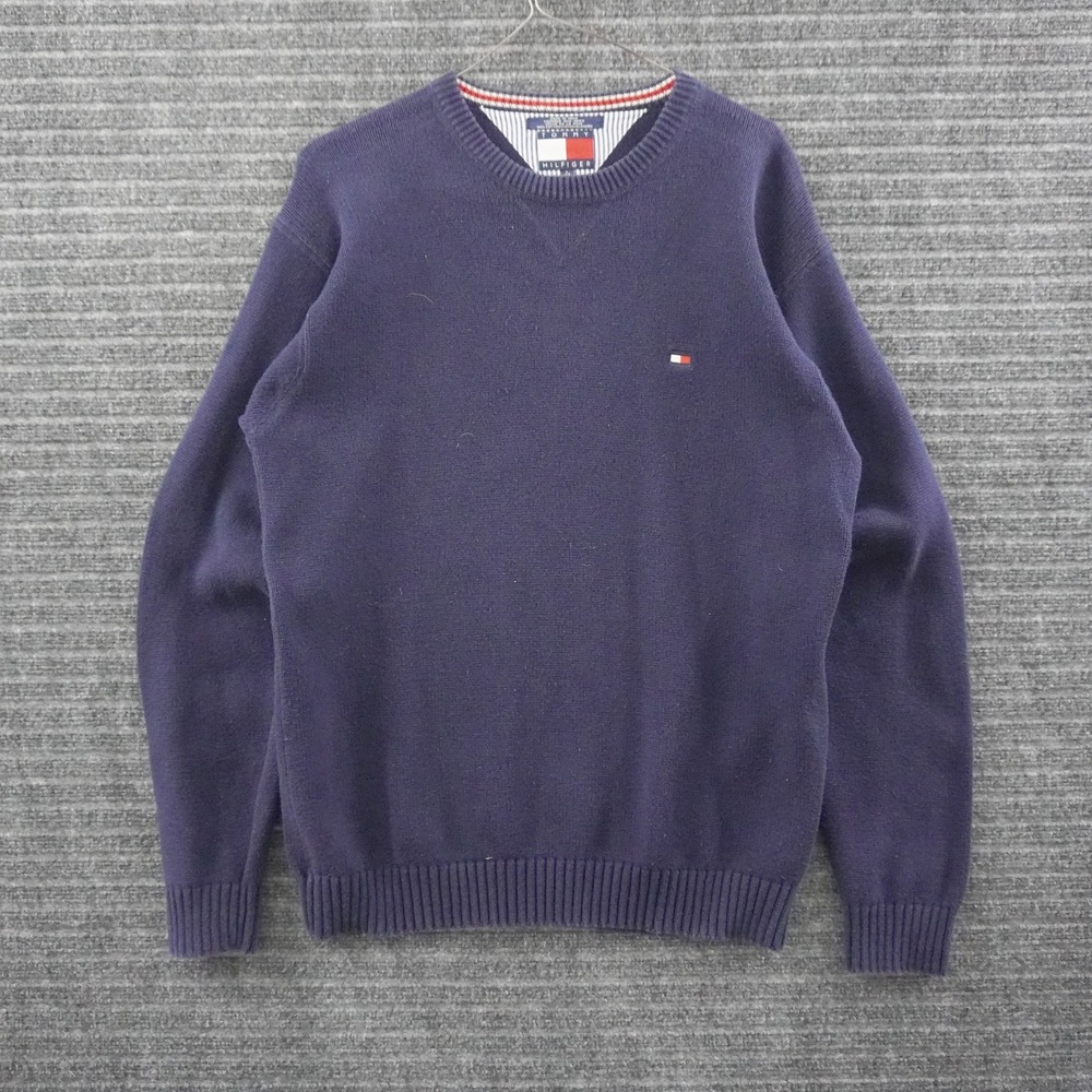 Vintage Tommy Hilfiger Knit Sweater Large Navy Blue Cotton Crewneck Flag Logo